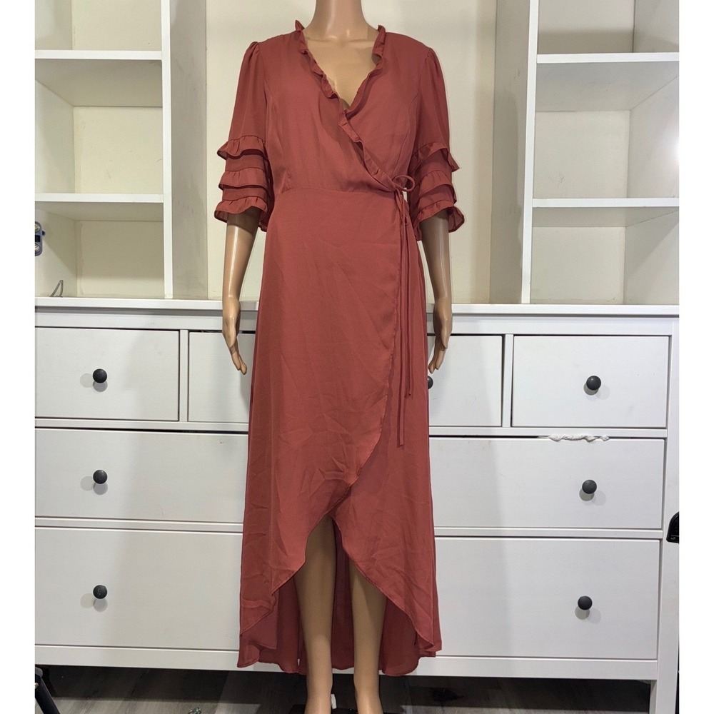 June & Hudson Ruffle Sleeve Wrap Midi Dress Rust Orange Tie Waist
